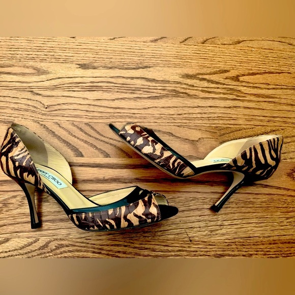 Jimmy Choo Black Browns Animal Print Heels Peep Toe Pumps Shoes 37.5 US 7 Fall - Picture 9 of 13